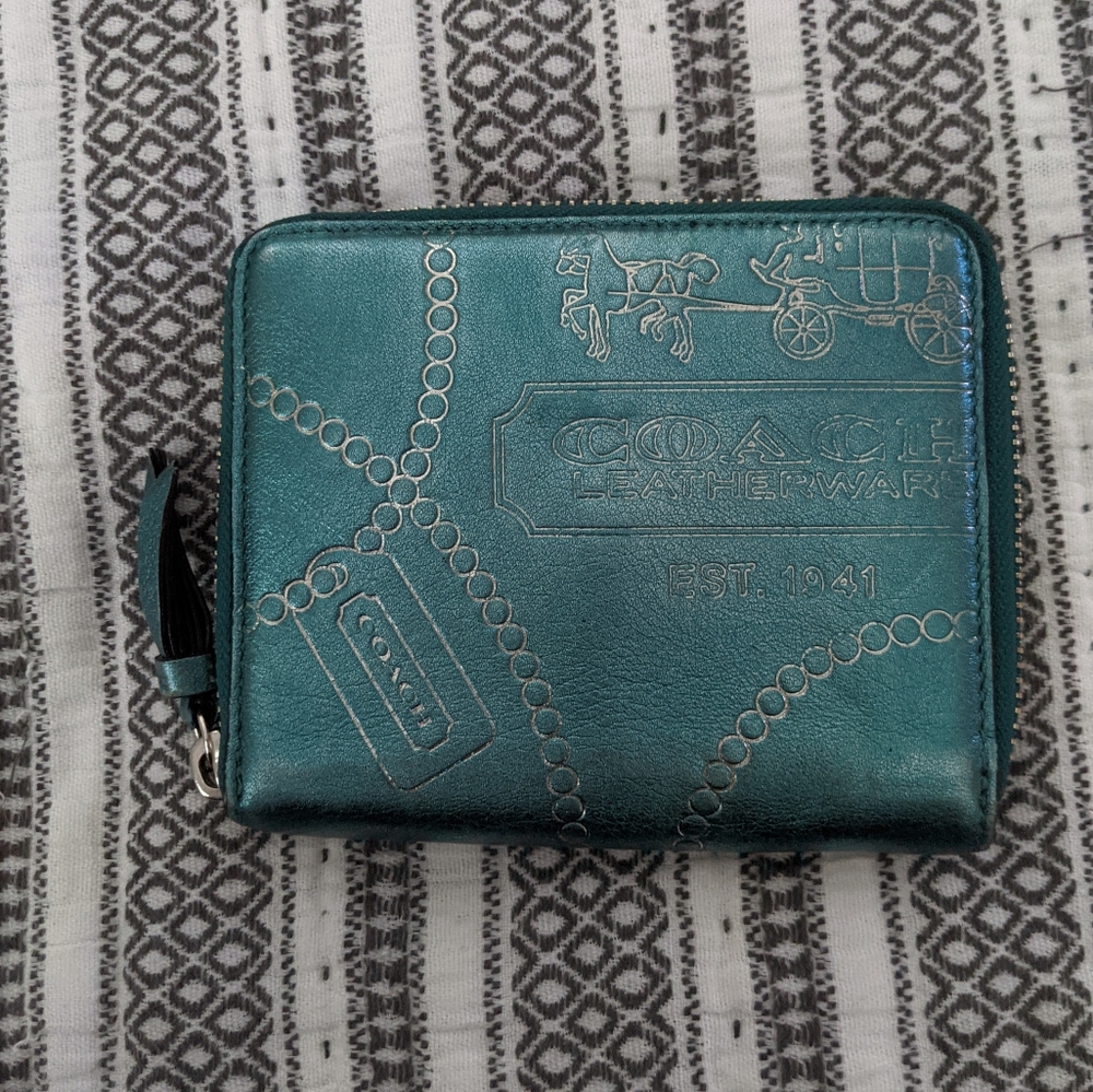 Coach turquoise metallic small wallet